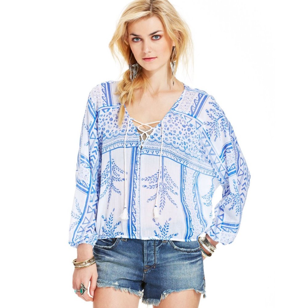 Free People Lightweight Semi Sheer Long Sleeve Peasant Blouse Size Medium
